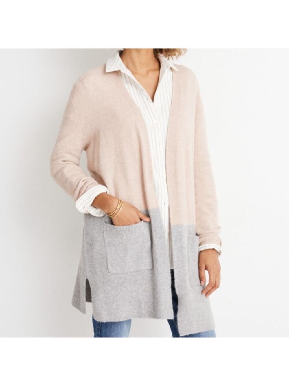 Madewell Pink Gray Kent Colorblock Cardigan Sweater Womens XL Wool Blend Knitted